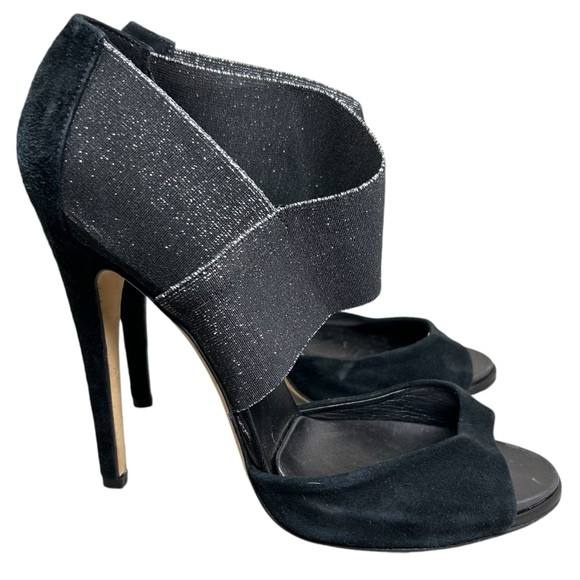 Diane von Furstenberg Black Suede Sparkle Strap Open Toe Stiletto Heels 7 B - Picture 4 of 9